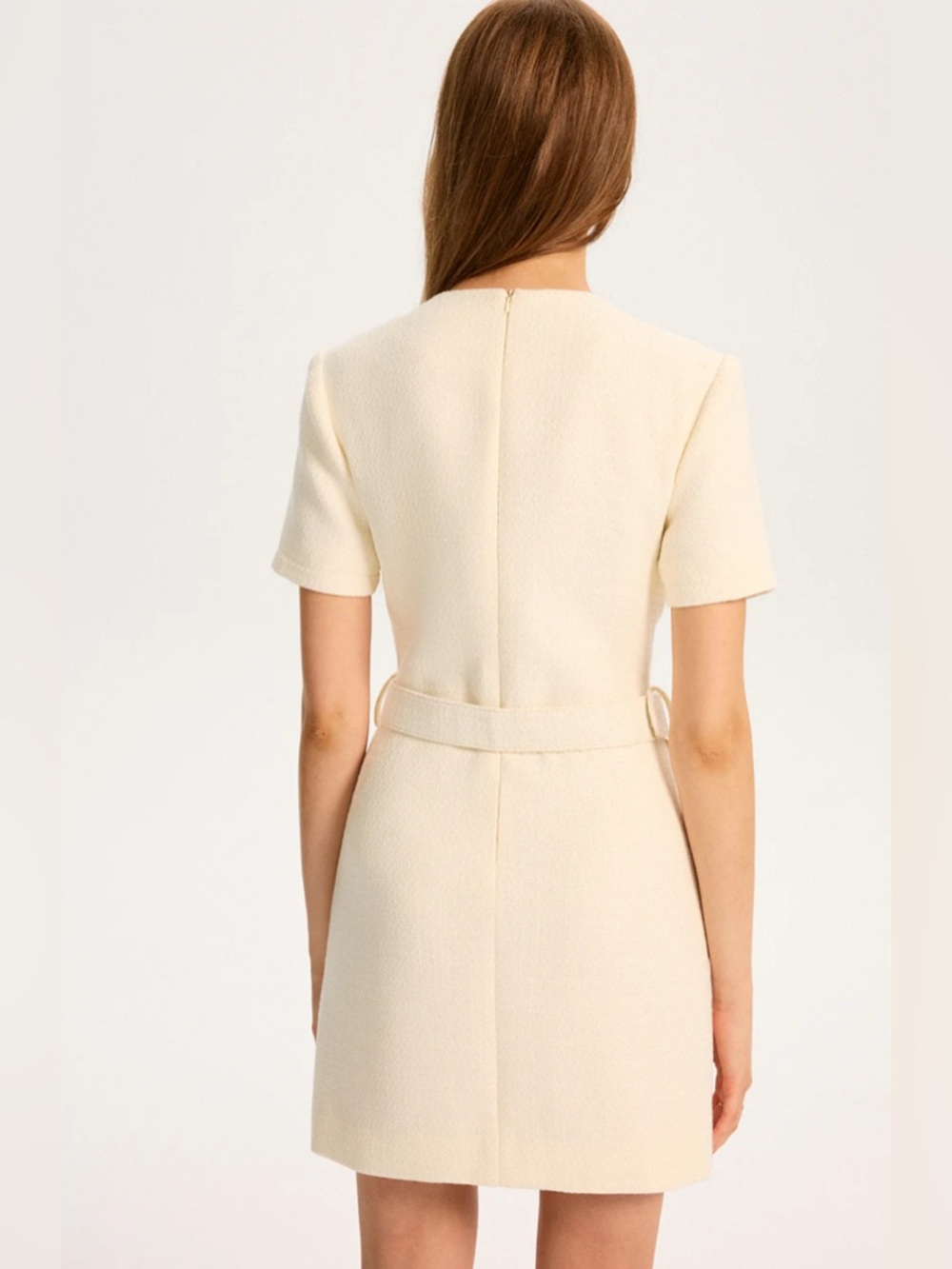 NWT Commense Cream Short Sleeve A-Line Dress with Gold Buttons *missing belt* - Picture 2 of 10